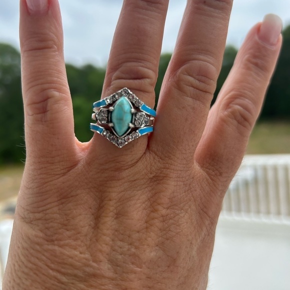 Versatile Elegant & Fashionable Turquoise & Rhinestone Decor 3 Piece Ring Set - Picture 5 of 8
